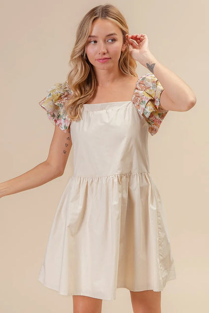 Flower Embroidered Floral Print Sleeve Dress in Oatmeal - product view 4