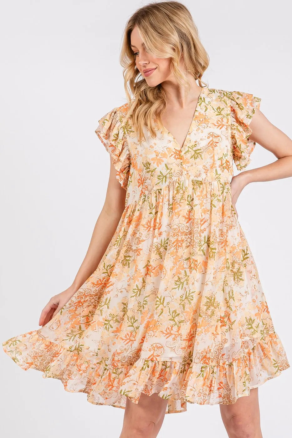 Floral Chiffon Ruffle Short Sleeve Mini Dress in Orange Multi - product view 4