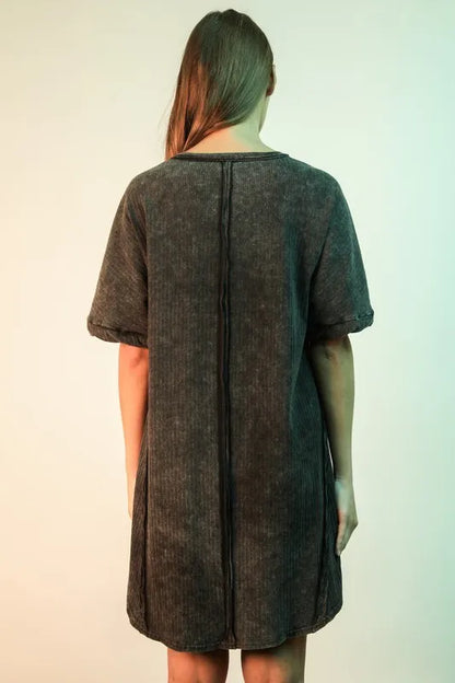Mineral Washed Ribbed Knit Mini Dress in Black - product view 3