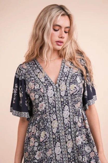 Shirring Detail Printed Woven Mini Dress in Navy Mix - product view 6