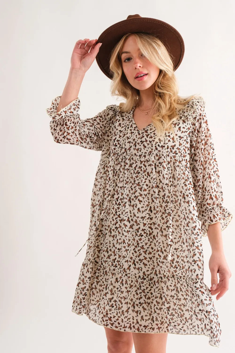 Leopard Ruffle Hem Woven Mini Dress in Ivory - product view 4