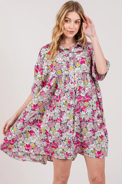 Floral Button Down Mini Shirt Dress in Multi - product view 4