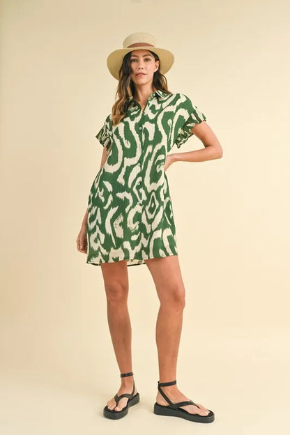 Abstract Printed Frill Sleeve Shirt Mini Dress in Green - product view 5