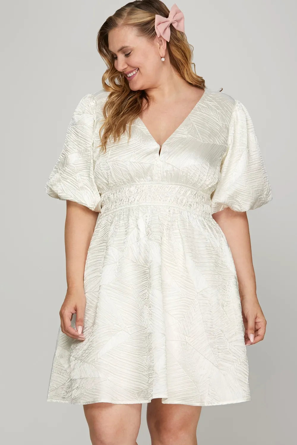 Crinkle Woven V-Neck Balloon Sleeve Mini Dress - Off White - product view 3