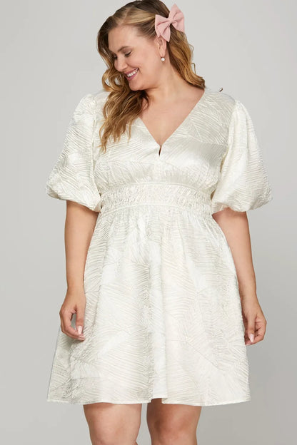 Crinkle Woven V-Neck Balloon Sleeve Mini Dress - Off White - product view 3