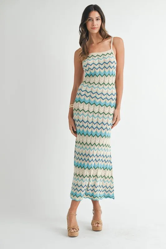 Lightweight Pointelle Chevron Knit Maxi Dress - Aqua - product view 1