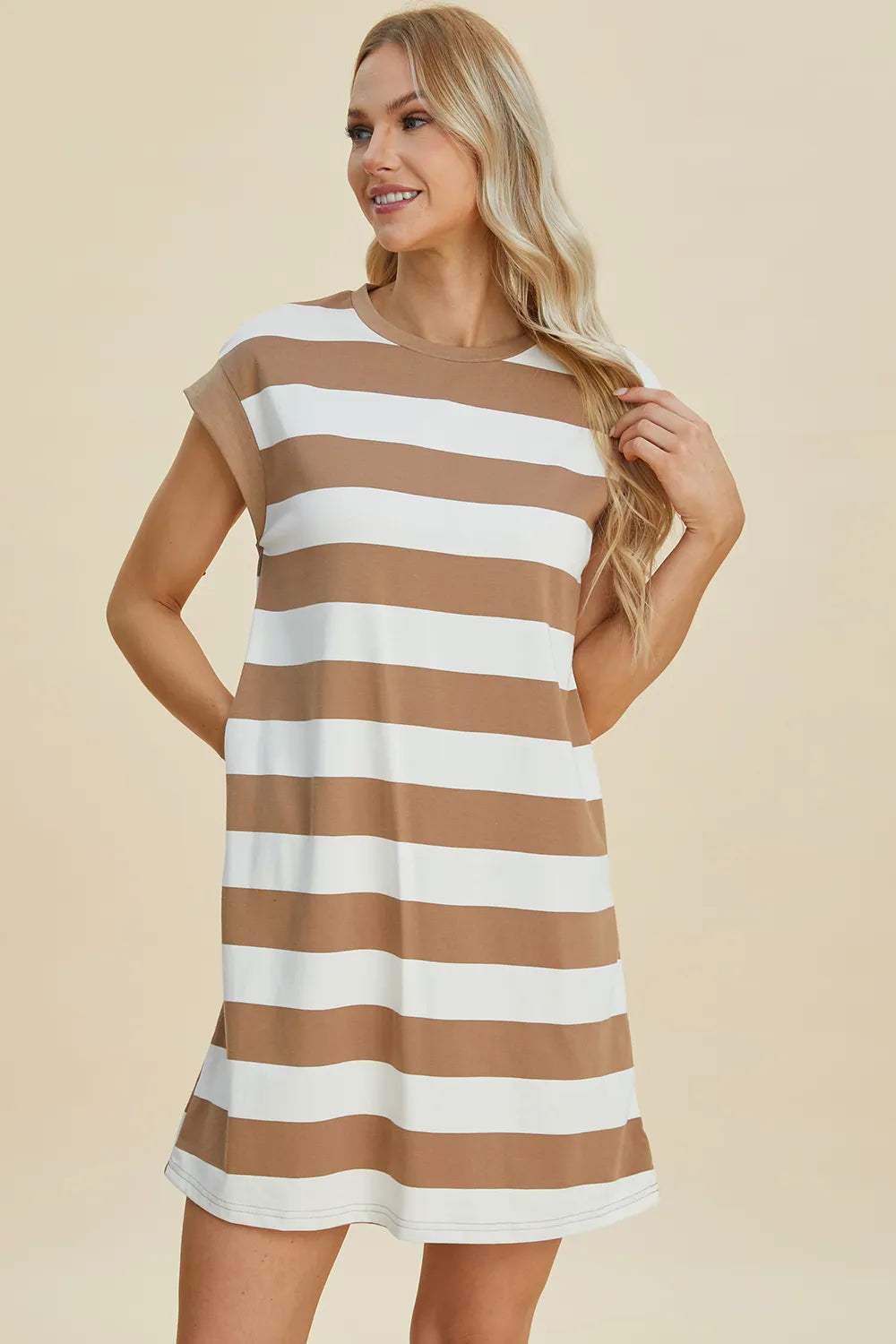 Full Size Striped Round Neck Cap Sleeve Mini Dress in Black, Camel and Dusty Blue - product view 12