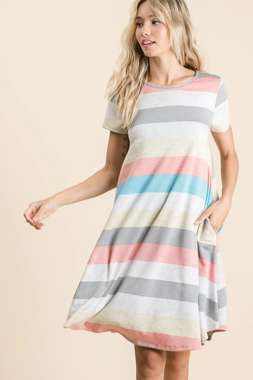 Striped Short Sleeve Dress with Pockets - Stripe - BOMBOM - Style 21310 - product view 1