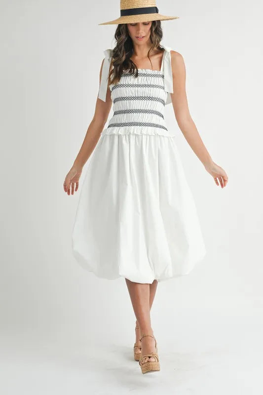 Smocked Bodice Bubble Midi Dress in Off White - product view 1