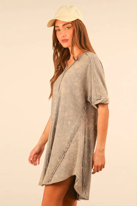 Plus Size Mineral Washed Ribbed Knit Mini Dress - Denim - product view 2