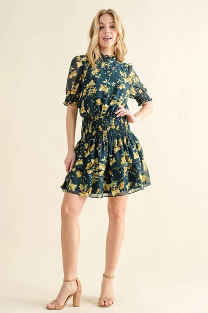 Floral Print Smocked Waist Mini Dress in Hunter Green - product view 5
