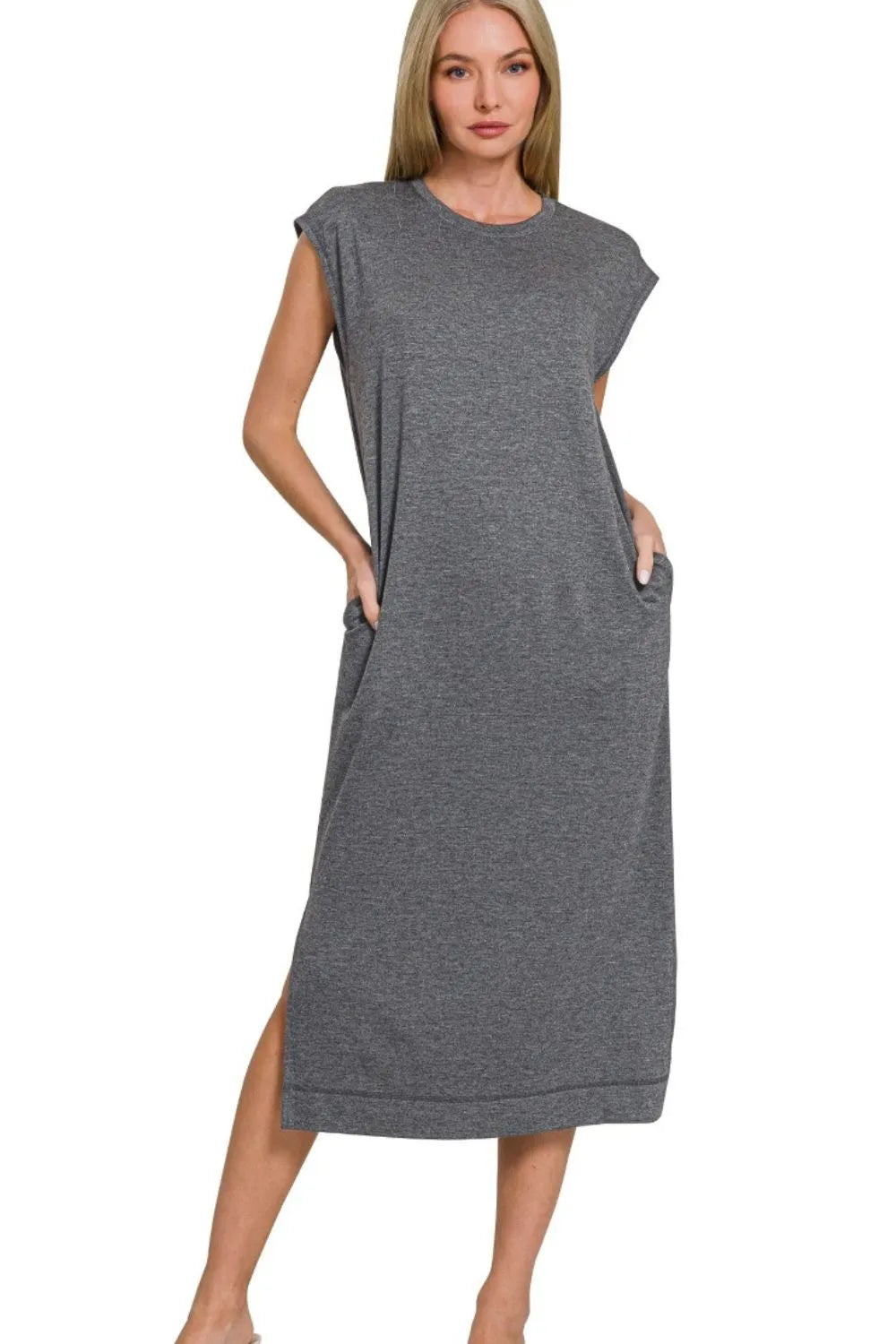 French Terry Sleeveless Round Neck Midi Dress - Black - product view 1