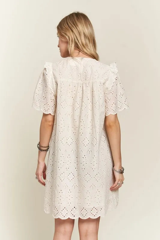 Ruffled Eyelet Round Neck Dress in Natural - product view 6