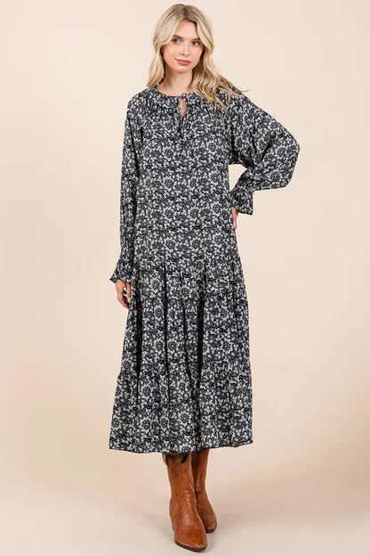 Printed Tie Neck Flounce Sleeve Midi Dress in Dark Navy - product view 2