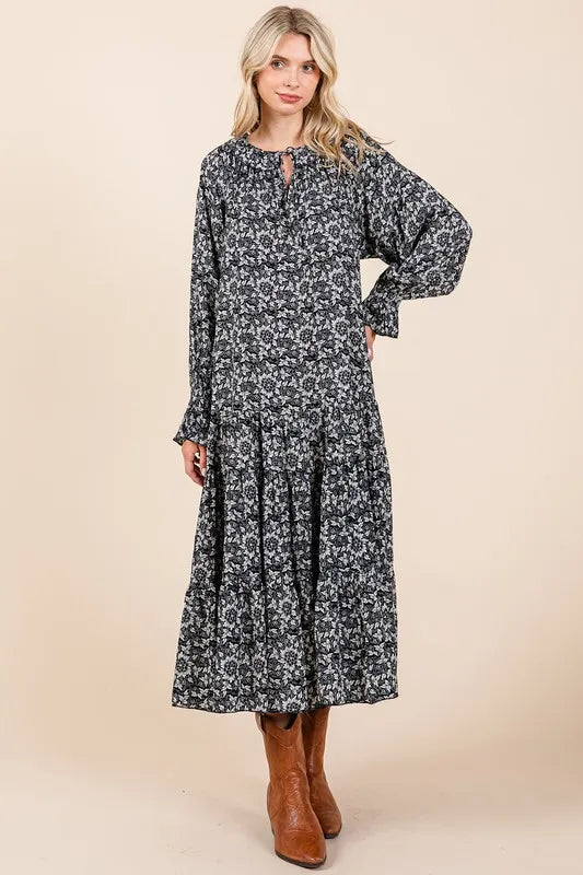Printed Tie Neck Flounce Sleeve Midi Dress in Dark Navy - product view 2