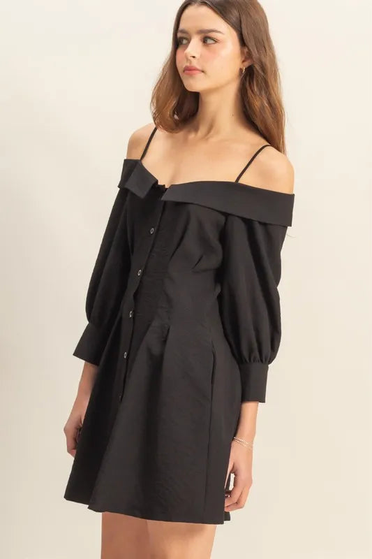 Button Down Spaghetti Strap Mini Dress with Pockets - Black - product view 2