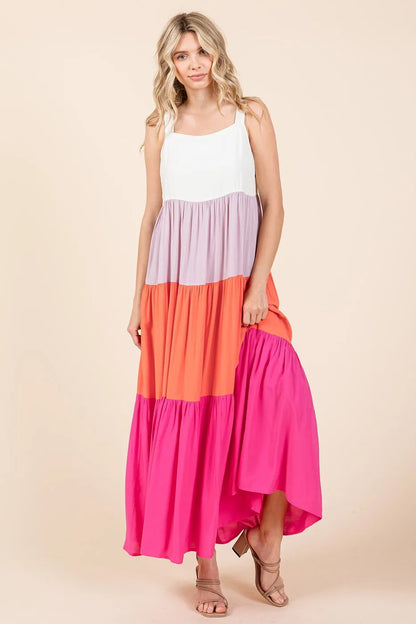 Color Block Tiered Pull-On Maxi Dress - Fuchsia Multi - product view 1