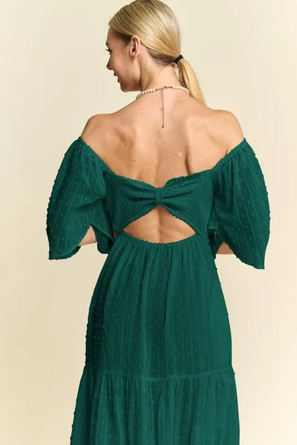 Swiss Dotted Ruched Ruffle Open Back Midi Dress in Forest Green - product view 7