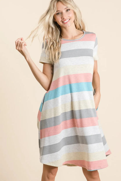 Striped Short Sleeve Dress with Pockets - Stripe - BOMBOM - Style 21310 - product view 3