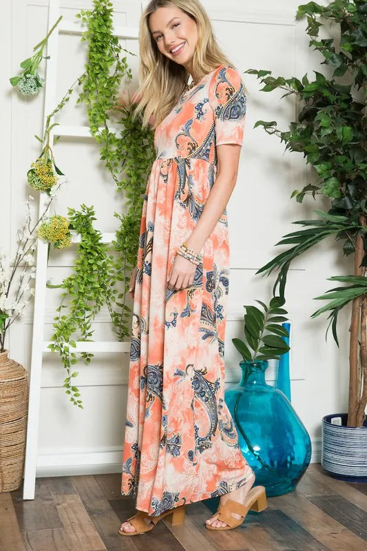 Paisley Print Short Sleeve Maxi Dress with Pockets in Orange Paisley - product view 4