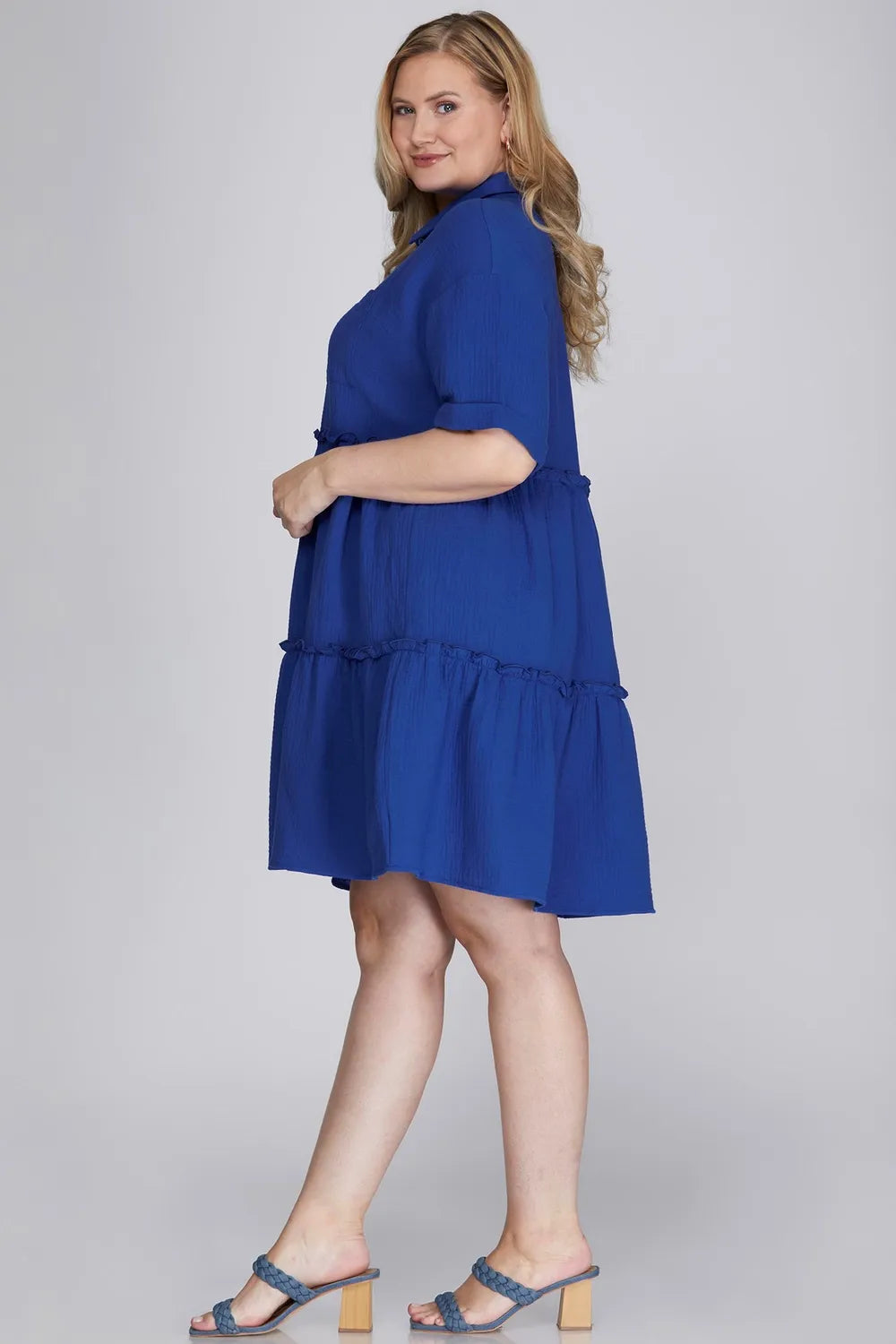 Full Size Button Front Frill Tiered Mini Dress Plus Size - Dark Blue - product view 3