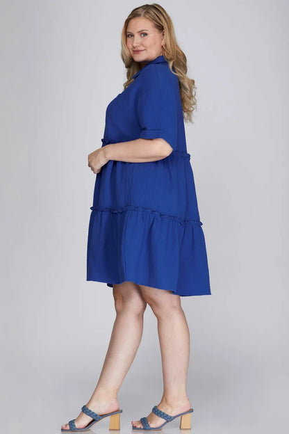 Full Size Button Front Frill Tiered Mini Dress Plus Size - Dark Blue - product view 3