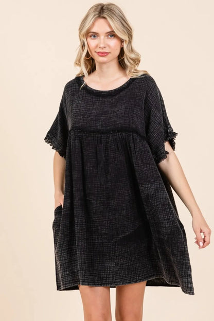 Full Size Short Sleeve Babydoll Texture Dress with Pockets - Black - product view 1
