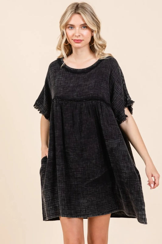 Full Size Short Sleeve Babydoll Texture Dress with Pockets - Black - product view 1