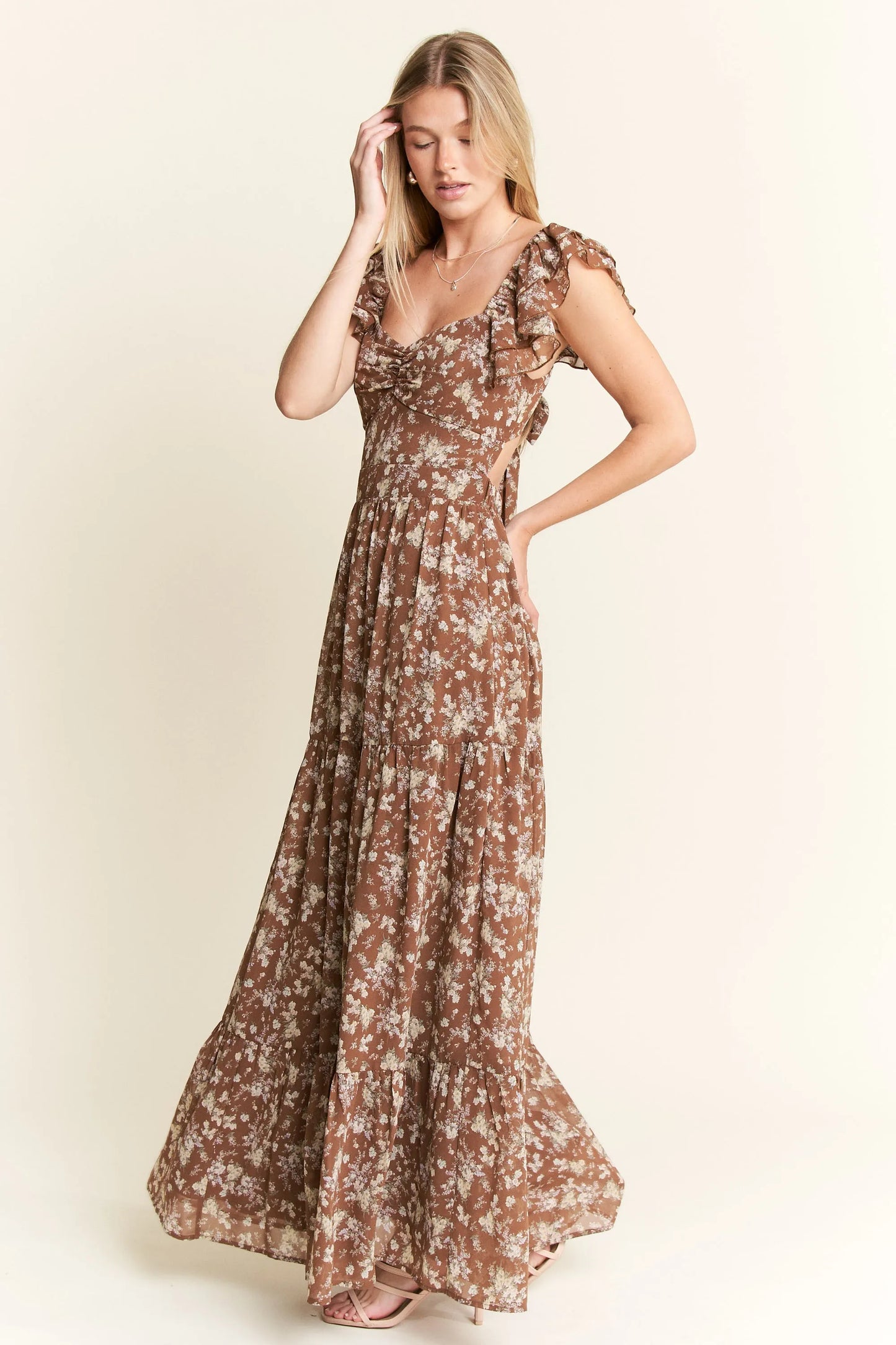 Ruffle Sleeve Tiered Maxi Dress - Mocha - product view 5
