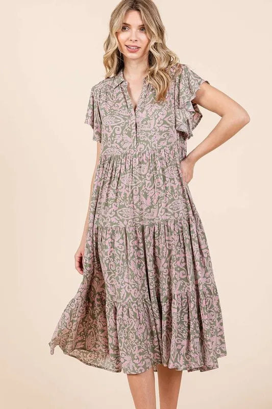 Abstract Print Ruffle Tier Midi Dress - Sage - product view 4