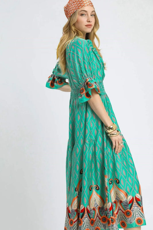 Printed Smocked Waist Flounce Sleeve Midi Dress - Turquoise - product view 2