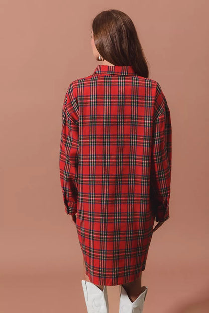 Christmas Checker Plaid Button Up Shirt Dress in Red Multi - product view 10
