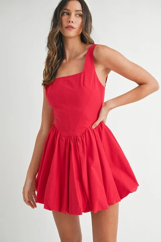 Poplin Square Neckline Bubble Mini Dress in Red - product view 7