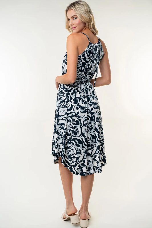 Tied Ruched Floral Sleeveless Knee Length Dress in Black - product view 2