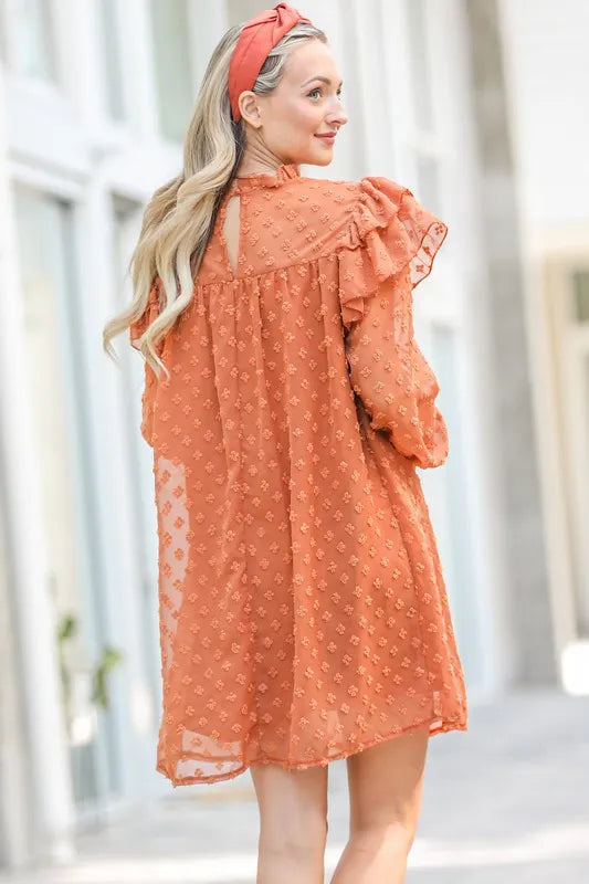Lovely Ruffle Shoulder with Textured Woven Dress in Camel - product view 8