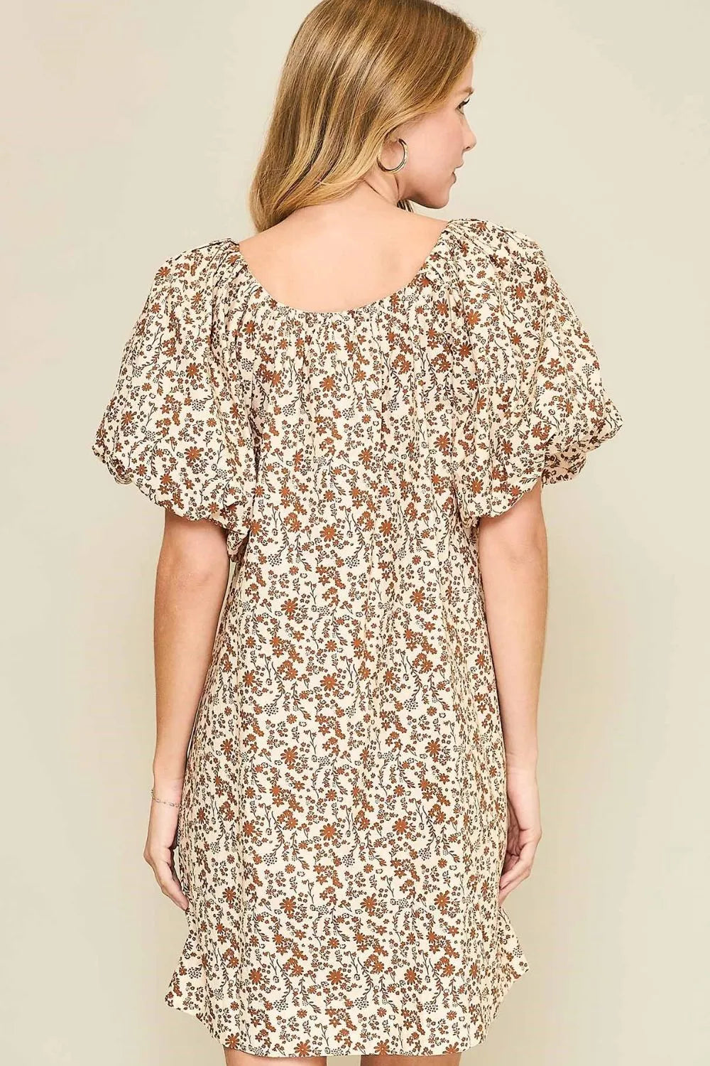 Full Size Lace Tape Drawstring Floral Puff Sleeve Mini Dress Plus Size in Caramel - product view 4