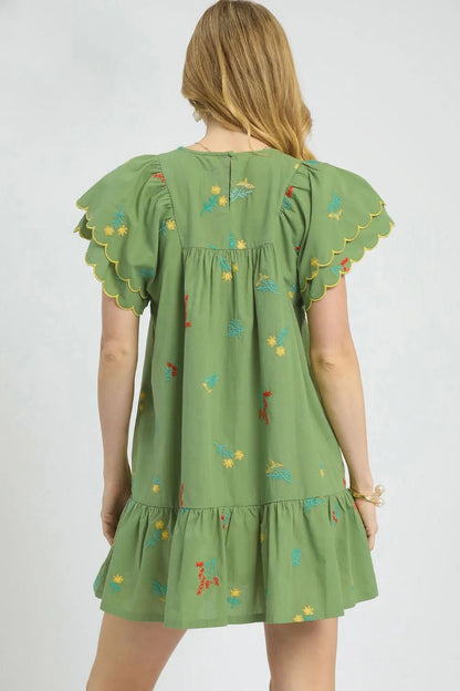 Floral Embroidered Short Sleeve Mini Dress - Matcha Green - product view 3