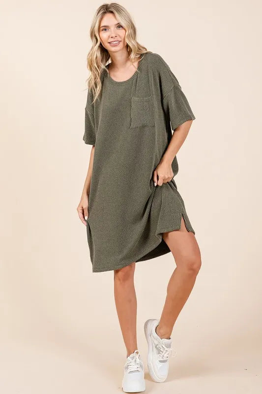 Urban Rib Knit Short Sleeve Tee Dress - Army Green - product view 4