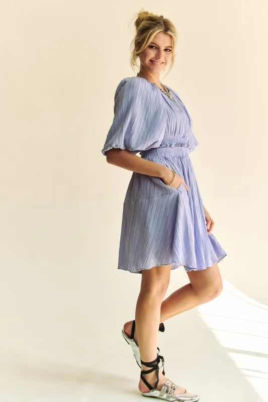Back Button Puff Sleeve Mini Dress in Lavender - product view 7