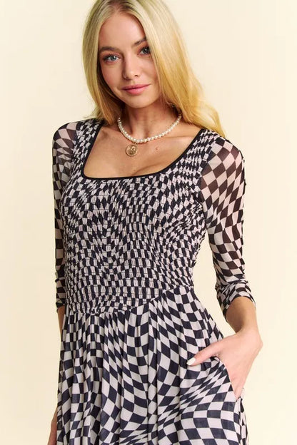 Printed Checker Mesh Flowy Maxi Dress in Black - product view 6