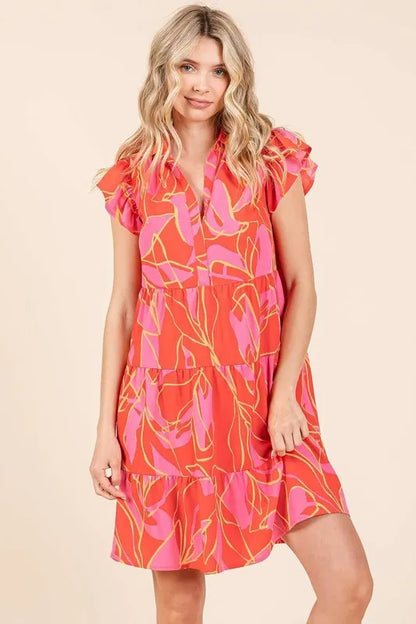 Leaf Print Ruffle Sleeve Tiered Mini Dress - Coral - product view 1