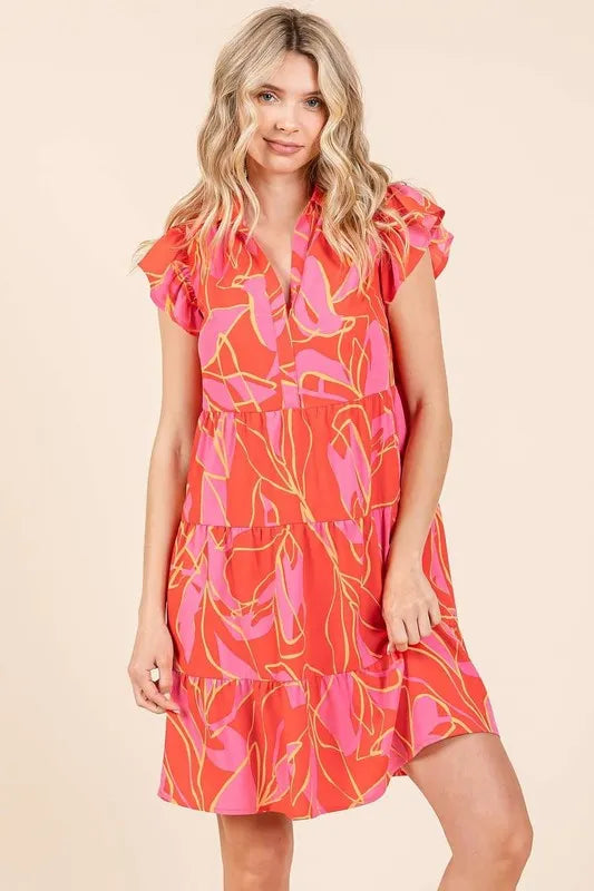 Leaf Print Ruffle Sleeve Tiered Mini Dress - Coral - product view 1