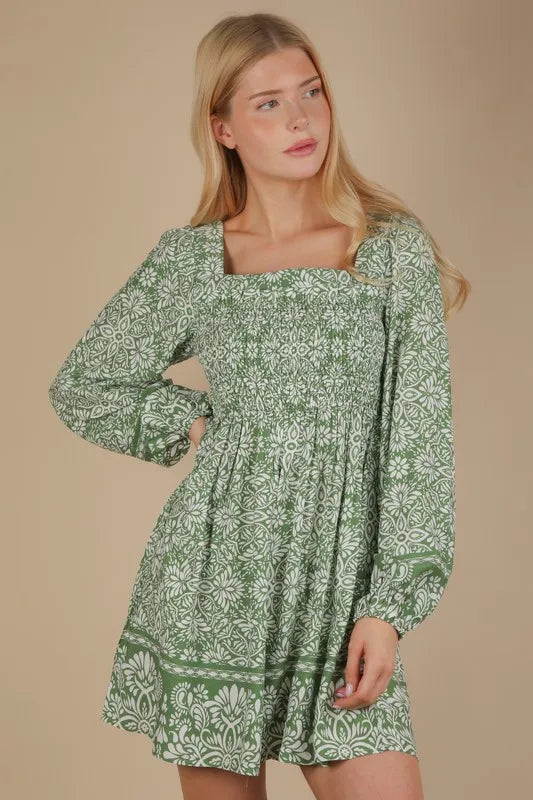 Printed Smocked Chest Boho Mini Dress - Green - product view 1