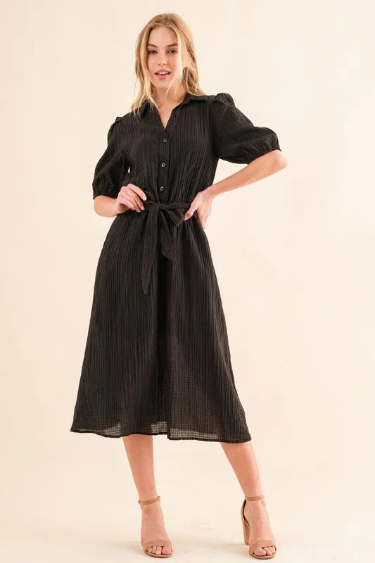 Waffle Textured Ribbon Waist Midi Dress in Black - product view 1