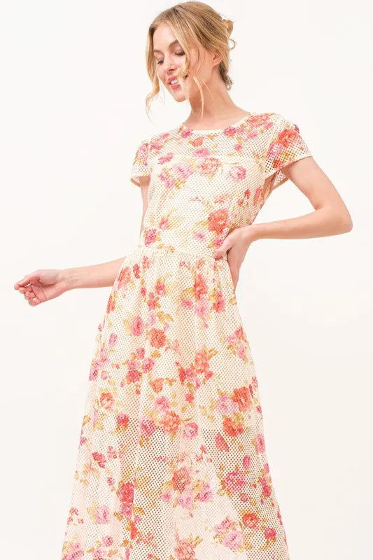 Fish-Net Floral Printed Midi Dress in Multi - product view 6