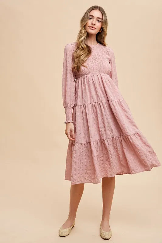 Textured Smocking Bodice Tiered Midi Dress in Mauve - product view 3