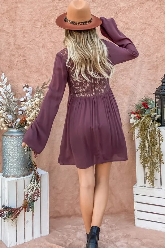 Back Lace Button Down Detail Bell Sleeve Dress in Purple - product view 7