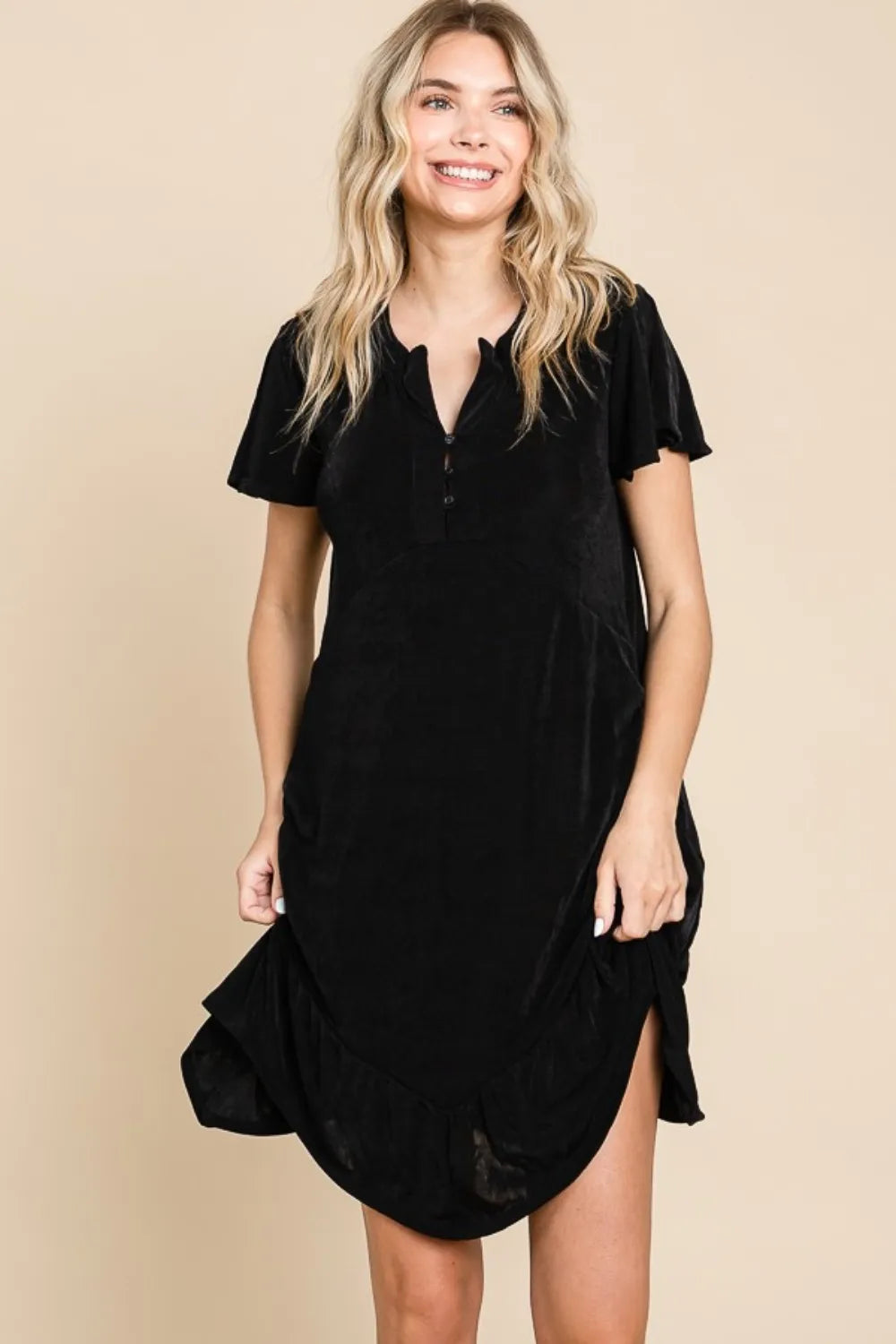 Full Size Short Sleeve Ruffled Asymmetric Hem Dress - Black - product view 4