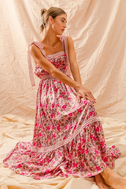 Floral Maxi Dress With Ribbon Tie Lace Strap in Pink Combo - product view 3