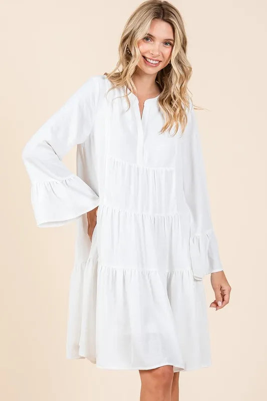 Tiered Notched Flare Sleeve Dress - Ivory - product view 1